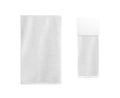 White bath textile items set isolated. Empty retail hanger with folded terry towel