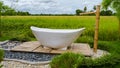 white bath tub outside on vacation at a homestay in Thailand with green rice paddy field Royalty Free Stock Photo