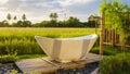 white bath tub outside on vacation at a homestay in Thailand with green rice paddy field Royalty Free Stock Photo