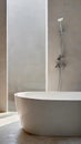 White bath tub is placed next to walk-in shower minimalistic modern bathroom with blank wall mockup