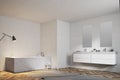 White bathroom, angular tub and sink, side view