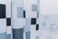 White bathroom with black and white shower curtain Royalty Free Stock Photo