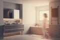 White bathroom corner, gray tub and sinks blur Royalty Free Stock Photo