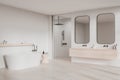 White bathroom corner with shower, tub and sink Royalty Free Stock Photo