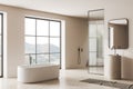 White bathroom corner with tub, sink and shower Royalty Free Stock Photo