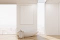 White bathroom interior with a bathtub of original shape and a towel rack.