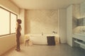 White wooden bathroom, round tub, woman Royalty Free Stock Photo