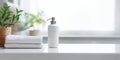 White Bathroom Interior With Wooden Tabletop For Product Display Blurred Bathroom Background Royalty Free Stock Photo