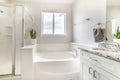 White bathroom with tub, shower stall with glass and vanity cabinet with marble top, sink and mirror Royalty Free Stock Photo