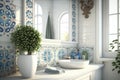 White bathroom with turkish tiles, created with Generative AI technology