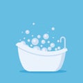 White bathtub in bathroom. Vintage bath and soap foam bubbles on blue background, illustration