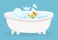 White bathtub. Cartoon clean cute hot bath with bubble and toys for indoor home spa relaxation isolated vector