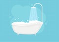 White bathtub with shower in bathroom. Vintage bath with water and soap foam bubbles on blue background. Retro bathroom. Running w