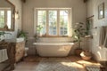 White Bathtub by Window and Sink