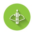 White Battle crossbow with arrow icon isolated with long shadow. Green circle button. Vector Royalty Free Stock Photo