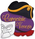 White Bauta Mask, Red Cape and Tricorn for Venice`s Carnival, Vector Illustration
