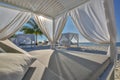 White beach canopies. Luxury beach tents at tropical resort, luxurious vacation and holiday concept t Royalty Free Stock Photo