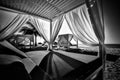 White beach canopies. Luxury beach tents at tropical resort, luxurious vacation and holiday concept t