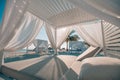 White beach canopies. Luxury beach tents at tropical resort, luxurious vacation and holiday concept t