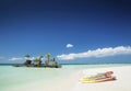 white beach and christian shrine and paddle boats on boracay tropical island in philippines Royalty Free Stock Photo