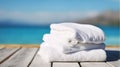 White beach towels on wood over blurred blue sea background, Generative AI Royalty Free Stock Photo