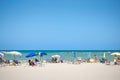 White beaches italy. sea sky people umbrellas sun beds.