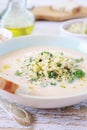 White bean cream soup with fried pearl barley and parsley, bread and olive oil Royalty Free Stock Photo