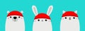 White bear bunny rabbit cat kitten head face set. Red hat. Merry Christmas. Happy New Year. Cute cartoon kawaii baby character. Royalty Free Stock Photo