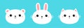 White bear cub rabbit, bunny, cat kitty, kitten round face head icon set. Cartoon funny baby character. Cute kawaii animal. Kids