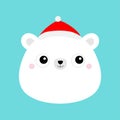 White bear face head icon. Red Santa Claus hat. Merry Christmas. Hello winter. Cute cartoon kawaii funny baby character. Greeting Royalty Free Stock Photo