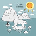 Global warming, Bear and penguin cry on ice break cartoon vector illustration Royalty Free Stock Photo