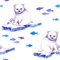 White bear on ice floe with fishes. Seamless background. Watercolor