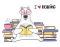 White bear in red glasses is reading book with pile of books Royalty Free Stock Photo