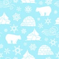 White bear seamless pattern with snowflakes white and blue