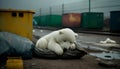A white bear sleeps next to a pile of garbage among a pile of plastic waste, Concept of saving the world. Generative AI Royalty Free Stock Photo