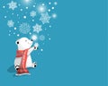 Little cute polar bear with red scarf and gift on blue bacjground with snowflake