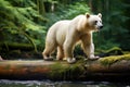 A white bear stands on a log in the middle of a lush green forest, White Spirit Bear walking on log along creek in rainforest, AI Royalty Free Stock Photo