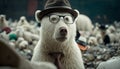 A white bear wearing glasses and a hat in the middle of a pile of plastic waste. Generative AI