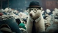 A white bear wearing glasses and a hat in the middle of a pile of plastic waste. Generative AI