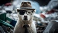 A white bear wearing glasses and a hat in the middle of a pile of plastic waste. Generative AI