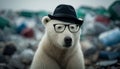 A white bear wearing glasses and a hat in the middle of a pile of plastic waste. Generative AI