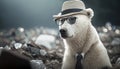 A white bear wearing glasses and a hat in the middle of a pile of plastic waste. Generative AI