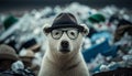 A white bear wearing glasses and a hat in the middle of a pile of plastic waste. Generative AI