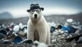 A white bear wearing glasses and a hat in the middle of a pile of plastic waste. Generative AI