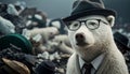 A white bear wearing glasses and a hat in the middle of a pile of plastic waste. Generative AI