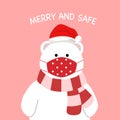 White bear wearing medical face mask and Santa Claus hat in flat design. Merry and safe.