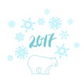 White bear winter illustration with snowflakes white and blue