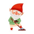 White Bearded Gnome Character with Red Pointed Hat Digging the Earth with Shovel Vector Illustration