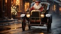 White Bearded Santa Claus Driving Classic Vintage Car Down The Festively Christmas Decorated Street. Generative AI