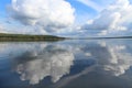 White beautiful clouds on blue sky with reflection in lake during the day in the natural environtent.